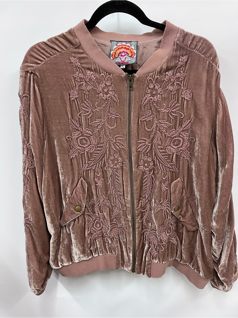 Johnny Was Embroidered silk Velvet Bomber Jacket Dusty Rose Mauve XL w/pockets